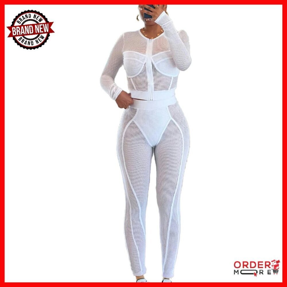 Mesh Long Sleeve Crop Top & Hollow Out Bodycon Pants 2-Piece Set